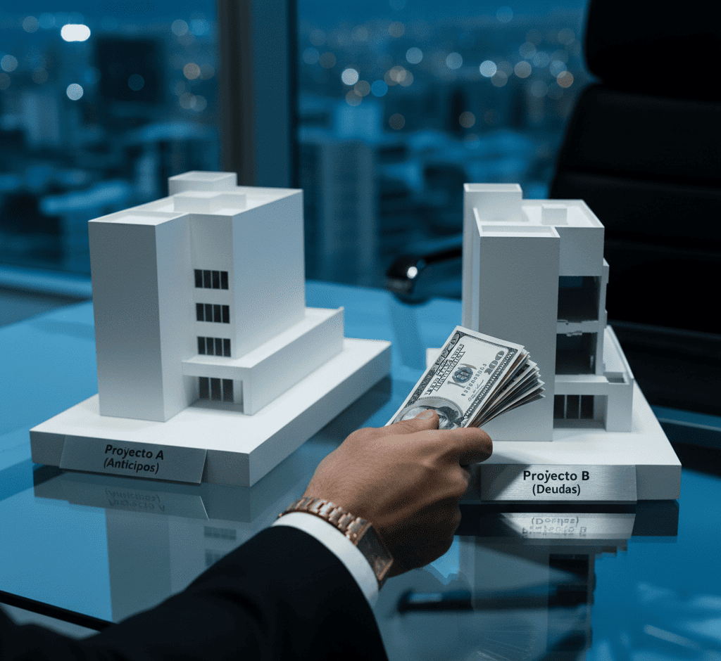 Mano de empresario desviando dinero de maqueta "Proyecto A (Anticipos)" a "Proyecto B (Deudas)" sobre escritorio de vidrio con vista a Quito. Simboliza abuso de confianza inmobiliario en Ecuador.