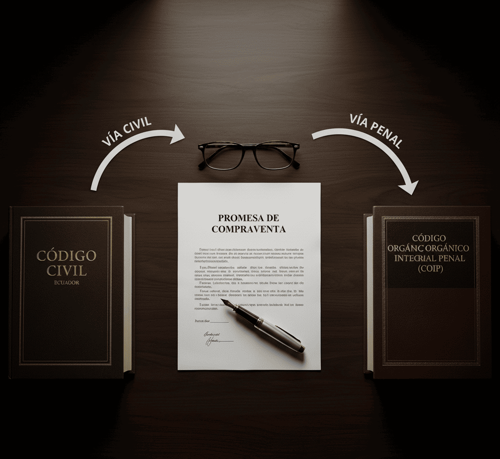 Imagen que muestra la elección entre la Vía Civil (Código Civil) y la Vía Penal (COIP) para una promesa de compraventa en Ecuador.